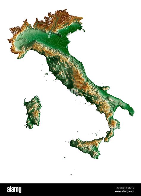 Italy. Highly detailed 3D rendering of a shaded relief map with rivers and lakes. Colored by ...