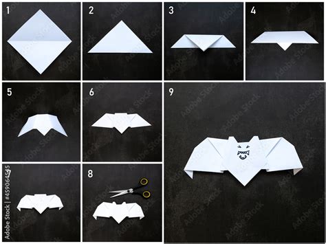 Step-by-step photo instruction origami bat . Halloween party. Children ...