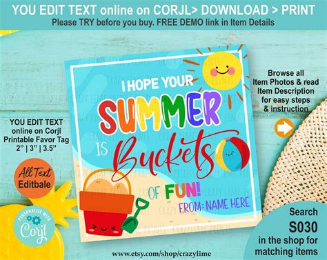 Hope Your Summer is Buckets of Fun Gift Tag Editable Template ...