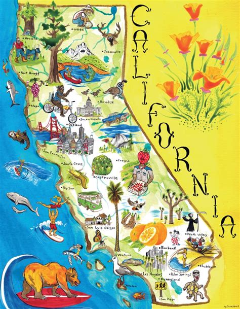 Illustrated Tourist Map Of California. California Illustrated - California Attractions Map ...