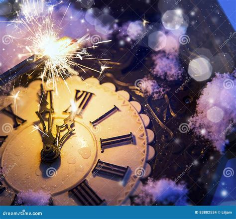 Happy New Year Eve Celebration with Old Clock and Fireworks Stock Photo ...