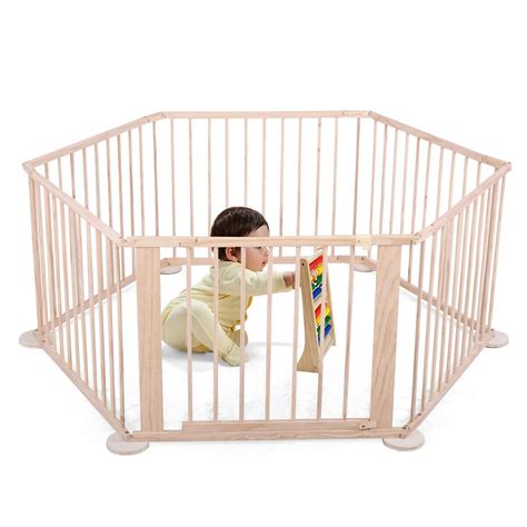 Lowestbest Wooden Playpen, Baby Play Yard, Cute Kids Playpen with Gate ...