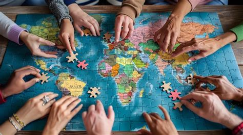 Premium Photo | Global Unity Conveyed Through Diverse Hands Completing a World Map Jigsaw Puzzle