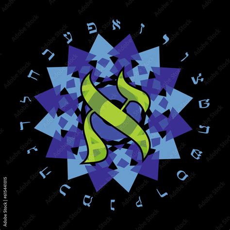 Vector illustration of the Hebrew alphabet in circular design. Hebrew letter called Aleph large ...