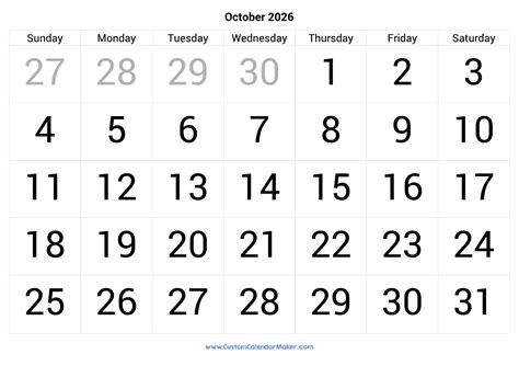 October 2026 Calendar Printable With Large Numbers