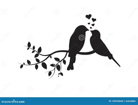 Birds on Branch, Wall Decals, Couple of Birds in Love, Birds Silhouette on Branch and Hearts ...