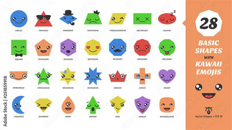 Big set vector basic shapes with kawaii emojis face. Cartoon emotion ...