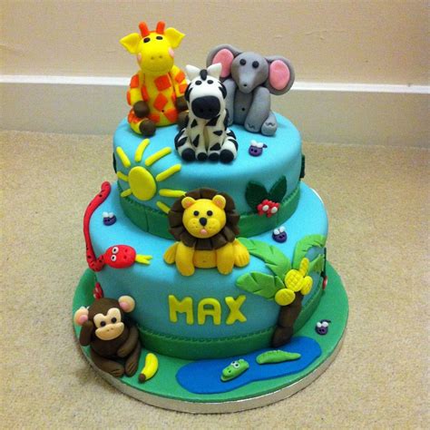 Two-Tier Jungle Animals Birthday Cake - CakeCentral.com