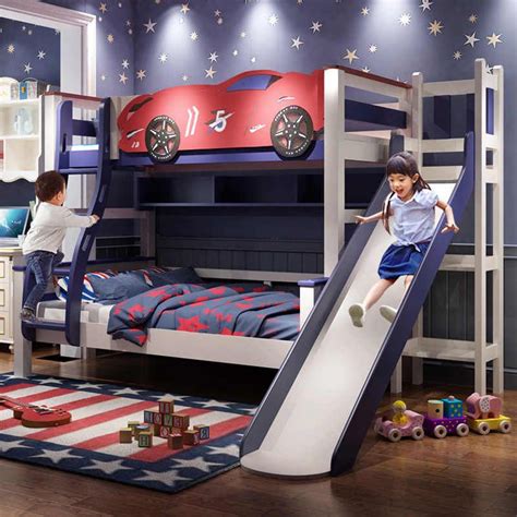 Custom Children furniture car shape bunk bed with slide multifunctional solid wood children bed ...