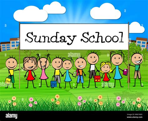 Sunday School Banner Indicating Pray Spiritual And Kids Stock Photo - Alamy