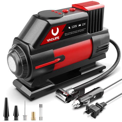 VacLife Tire Inflator, 12V DC/120V AC Portable Air Compressor with Auto-Shutoff Design, Fast ...