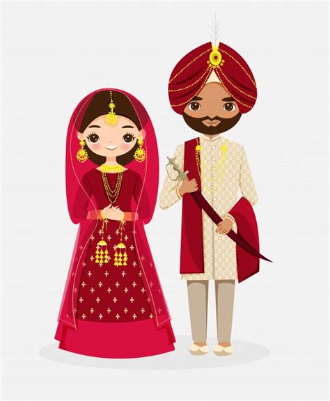 Premium Vector | Cute indian bride and groom cartoon character in red ...