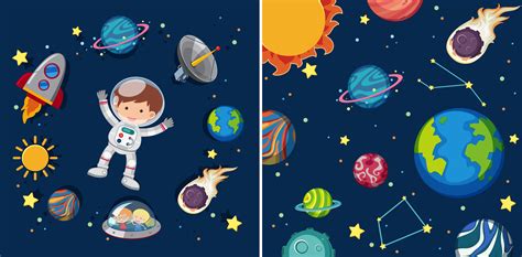 Two space scenes with planets and astronaut 605751 Vector Art at Vecteezy