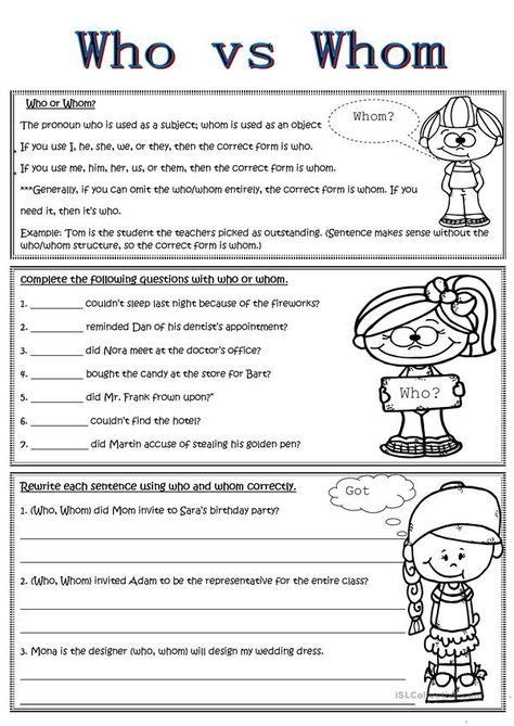 Who Vs Whom | Who vs whom, Worksheets for kids, English teaching resources