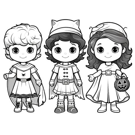 Kids In Halloween Costumes Set Cartoon Coloring Book Page, Kids Hero, Cartoon Superhero ...