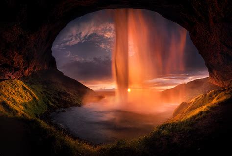 500px, cave, landscape, rock, clouds, trees, waterfall, Iceland, grass ...