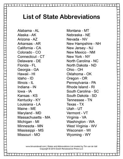 Printable List of State Abbreviations for Students and Kids