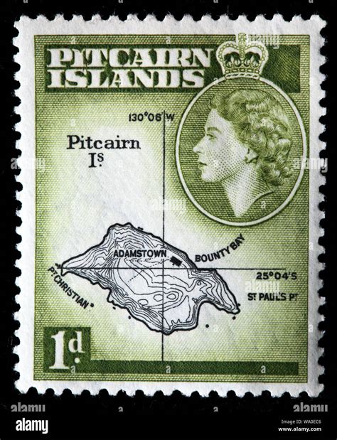 Map of Pitcairn Island, postage stamp, Pitcairn islands, 1957 Stock ...