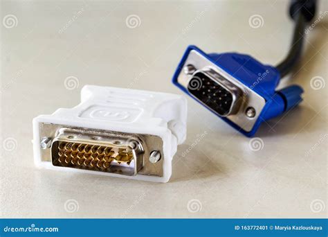 Dvi-d Socket of White Adapter for Blue Vga Socket Monitor Cord Behind it. Connection of Computer ...