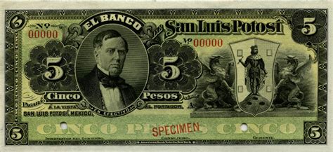 Mexican banknotes 5 Pesos banknote 1898 El Banco de San Luis Potosi|World Banknotes & Coins ...