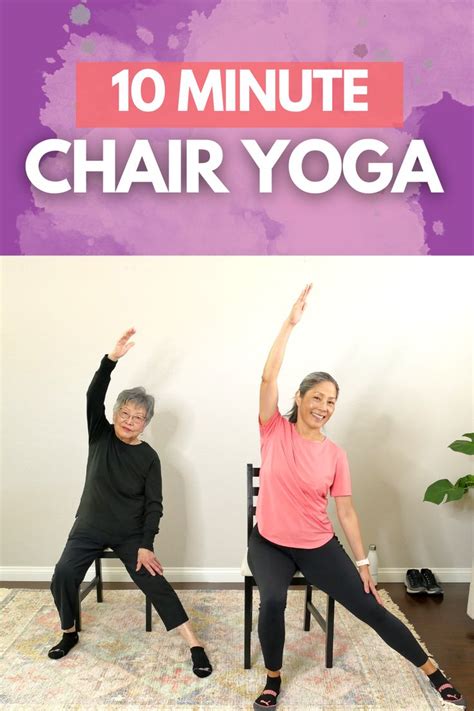 two people doing yoga poses with the words 10 minute chair yoga