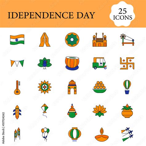 Isolated India Independence Day -25 Icon Set In Flat Style. Stock Vector | Adobe Stock