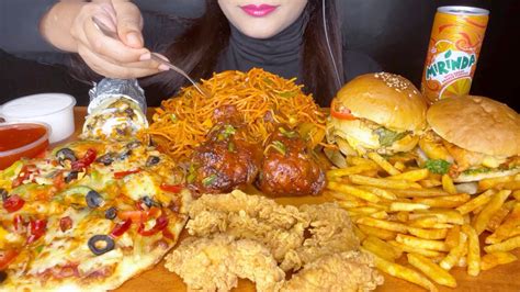 ASMR EATING FAST FOOD l CHOWMEIN,BBQ CHICKEN LEG PIECE,BURGER,FRIES ...