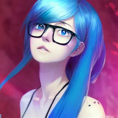 very beautiful anime girl with glasses, long blue | Stable Diffusion | OpenArt