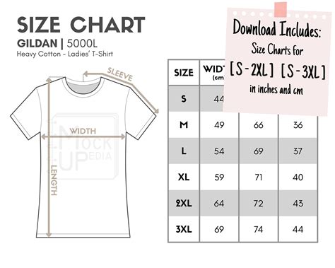 Gildan 5000L Ladies T-shirt Size Chart inches/cm Digital Size Chart ...