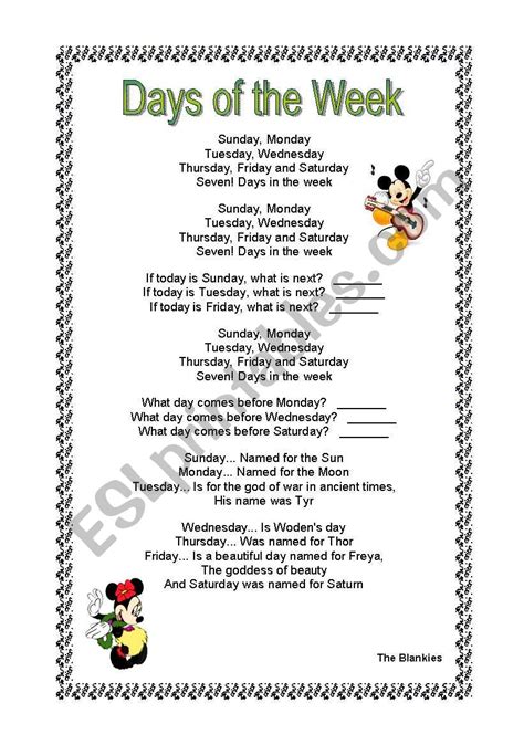 Days of the week song - ESL worksheet by titareca