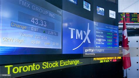 TMX Group Inc. signage and stock prices are displayed on a screen in... News Photo - Getty Images