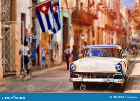 Cuban Flags,old Car and Decaying Buildings in Havana Stock Photo - Image of downtown, grunge ...