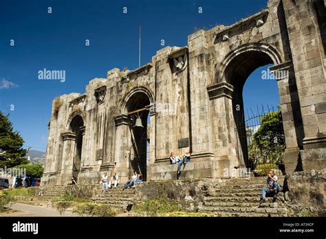 Costa Rica Cartago people on steps of colonial ruins of Parroquia ...