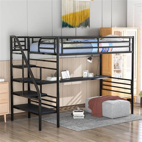 Twin Size Loft Bed, Metal Loft Bed Frame with Desk/Stairs/Full-Length ...