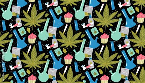 Marijuana cartoon seamless pattern on black background. Smoking weed ...