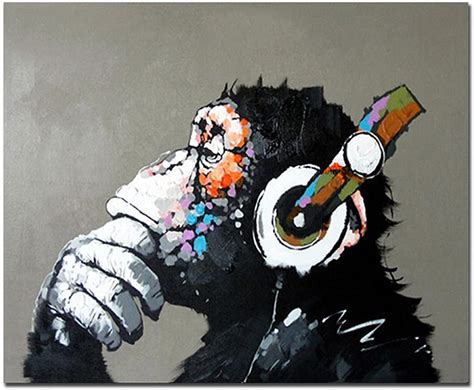 Hand Painted Oil Painting on Canvas Pop Art Cool Ape Listening Music ...