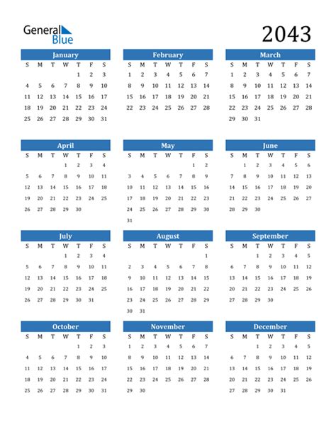 2043 Calendar (PDF, Word, Excel)