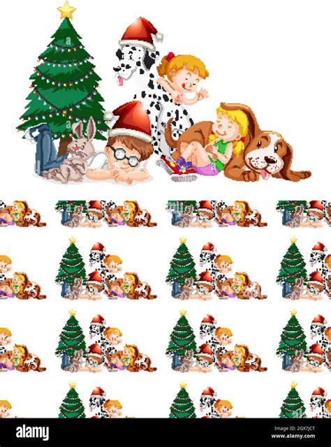 Seamless background design with children and christmas tree Stock ...