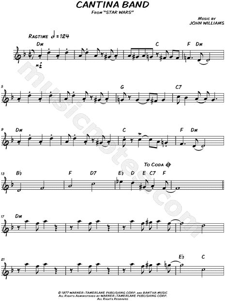 "Cantina Band" from 'Star Wars' Sheet Music (Leadsheet) (Flute, Violin, Oboe or Recorder) in D ...