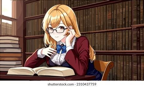 Anime Girl Library Concept Reading Reasearching Stock Vector (Royalty ...