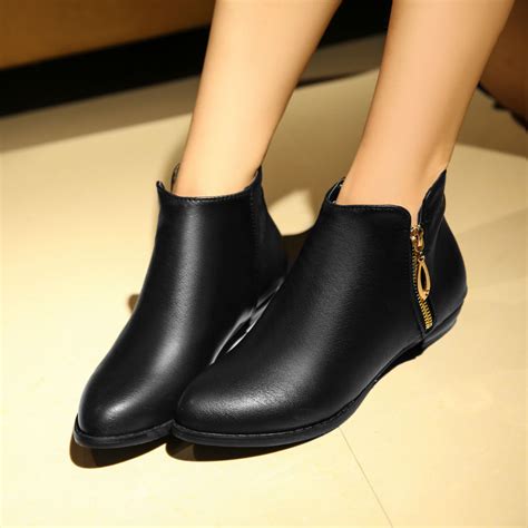 Black Leather Ankle Boots Women Flat - Yu Boots