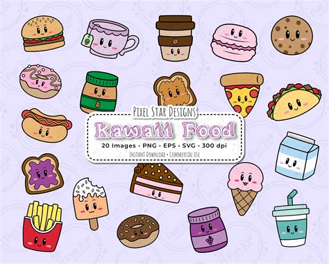 Cute Food Clipart Set, Kawaii Food & Dessert Vector Graphics ...