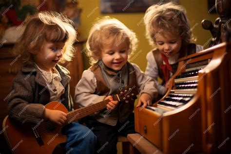 Premium AI Image | Three children playing the guitar and the one on the right is playing the guitar.