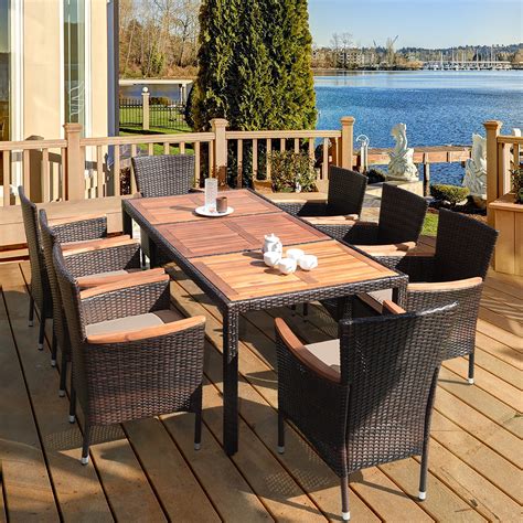 Costway 9PCS Patio Rattan Dining Set 8 Chairs Cushioned Acacia Table ...