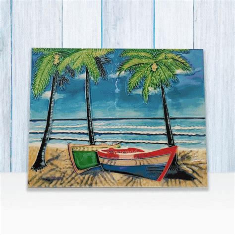 Wonderful Tropical Beach & Rowboat Tile Art Wall Hanging | Coastal Decor - Seaside Glass Gallery