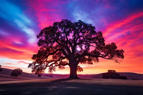 Premium AI Image | Photo of Silhouette Against a Colorful Sunset Oak Tree