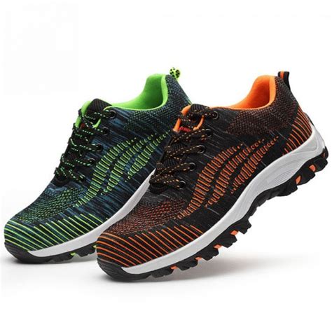 Anti-Slip Flyknit Upper Anti-Smashing Steel Toe Anti-Puncture Work Safety Shoes Green/Orange ...