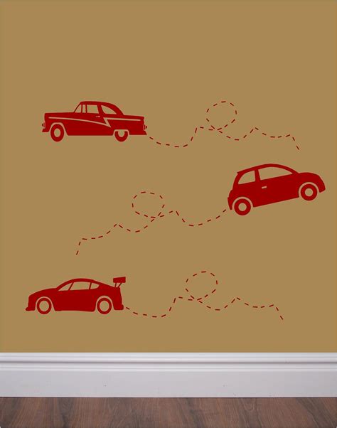 Set of 6 vinyl wall decals - COOL CAR decals with trail- perfect for bedroom, nursery, play room ...