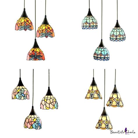 Stained Glass Dome Pendant Light Living Room 3 Lights Tiffany Rustic Ceiling Pendant with Aged ...