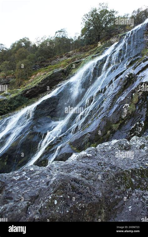 Majestic water cascade of Powerscourt Waterfall, the highest waterfall in Ireland. Famous ...